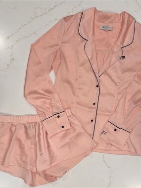 House of CB Pink Satin Pajama Set with Black Piping
